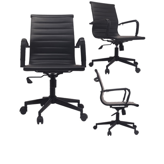 2xhome Mid Century Office Chair With Arms Wheels Modern Black Desk Chair Mid back PU Leather Arm Rest Tilt Adjustable Height Swivel Task on Black Base