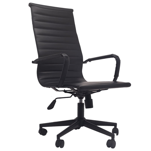2xhome - Designer Boss PU Leather with Arms wheels Swivel Tilt Adjustable Executive Mid Century Office Chair High Back Ribbed Modern Work Task Computer Black Desk Chair on Black Base