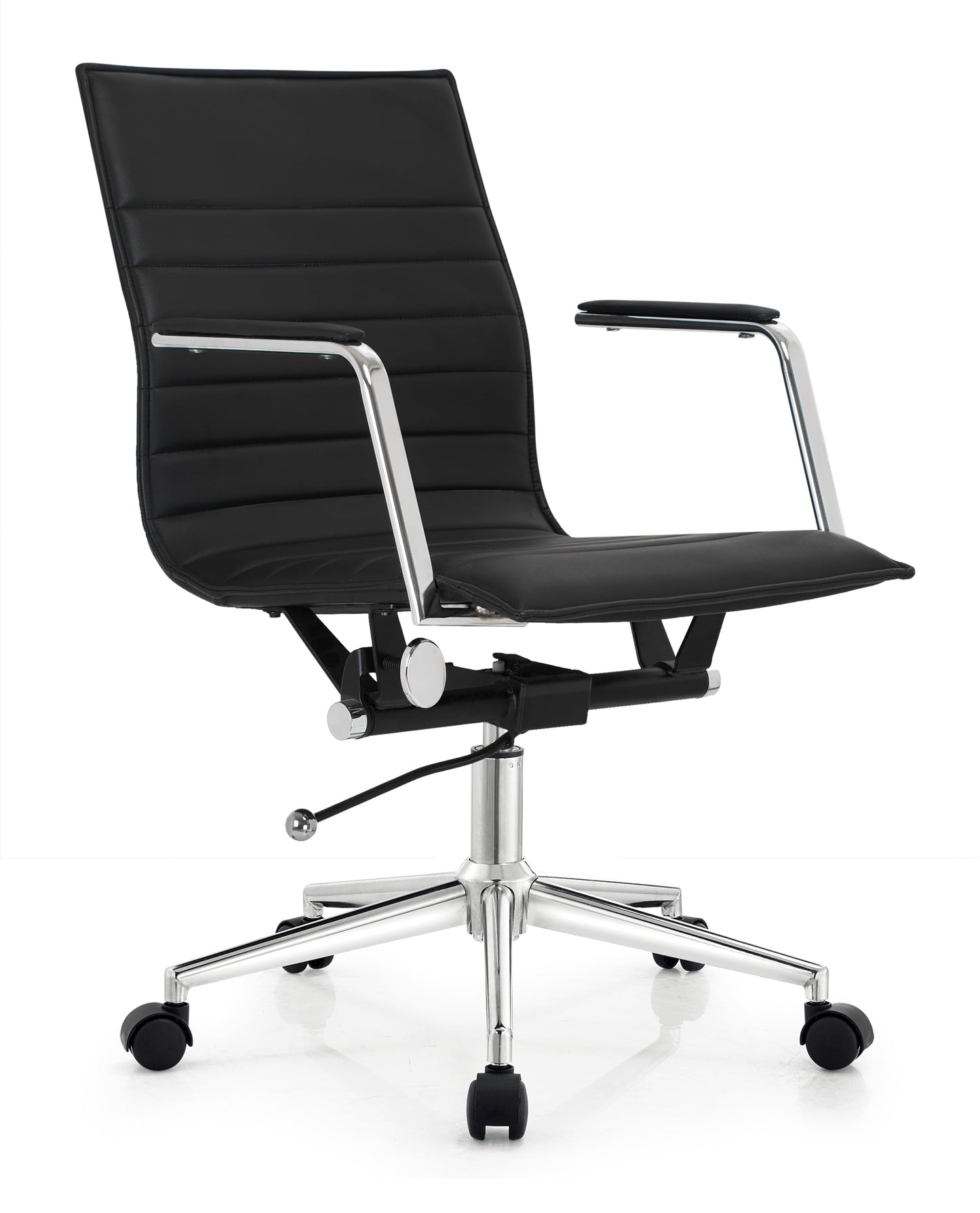 2xhome Mid Century Office Chair With Arms Wheels Modern Black Desk Chair Ergonomic Mid back PU Leather Arm Rest Tilt Adjustable Height Swivel Task