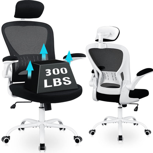 300lbs Office Chair Ergonomic Desk Chair Comfort Adjustable Height Computer Chair with Wheels, Mesh Swivel Computer Home Office Study Task Chair with Lumbar Support, White