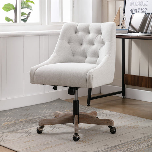 360 Degree Swivel Home Office Desk Chair with Wheels, Modern Linen Upholstered Adjustable Office Chair Wide Seat Armless Chair for Vanity Bedroom Office Study, Beige