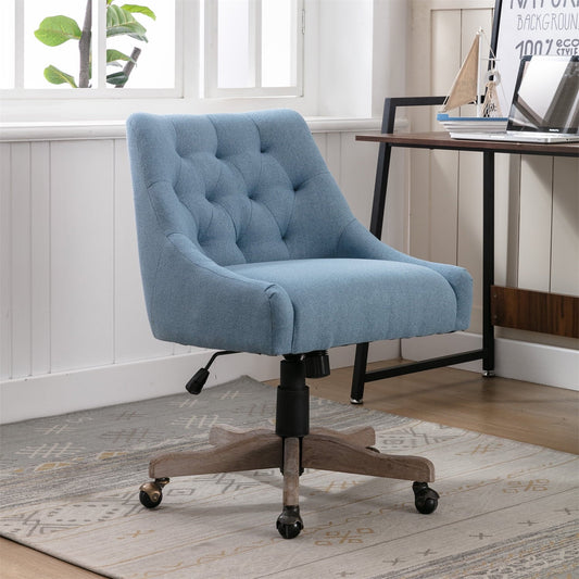 360 Degree Swivel Home Office Desk Chair with Wheels, Modern Linen Upholstered Adjustable Office Chair Wide Seat Armless Chair for Vanity Bedroom Office Study, Blue