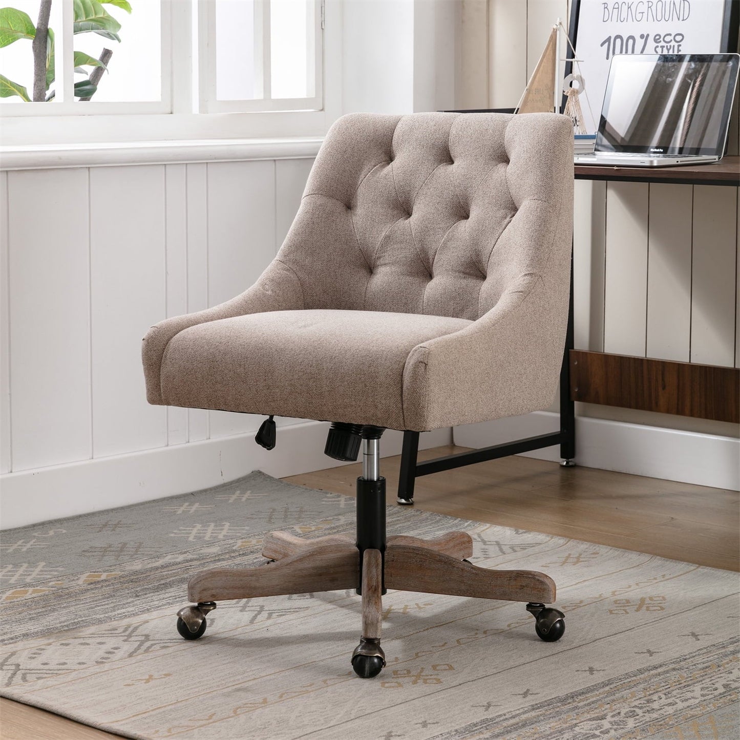 360 Degree Swivel Home Office Desk Chair with Wheels, Modern Linen Upholstered Adjustable Office Chair Wide Seat Armless Chair for Vanity Bedroom Office Study, Brown
