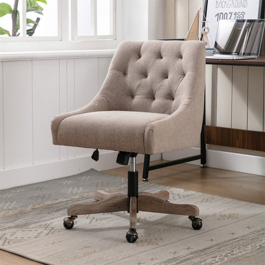 360 Degree Swivel Home Office Desk Chair with Wheels, Modern Linen Upholstered Adjustable Office Chair Wide Seat Armless Chair for Vanity Bedroom Office Study, Brown
