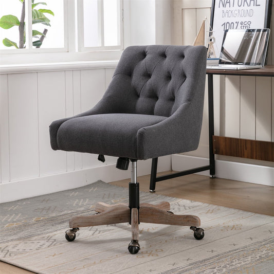 360 Degree Swivel Home Office Desk Chair with Wheels, Modern Linen Upholstered Adjustable Office Chair Wide Seat Armless Chair for Vanity Bedroom Office Study, Charcoal Grey