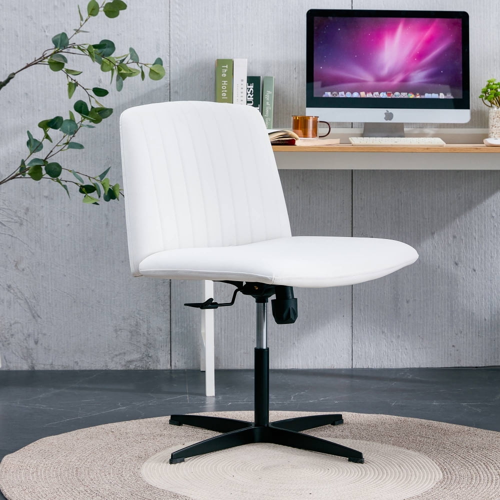 360 ¡ãSwivel Desk Chair No Wheels,Height Adjustable Office Chair,Armless Accent Chair Vanity Chair,Computer Task Chair with Black Metal Legs, for Home Office Vanity,White PU