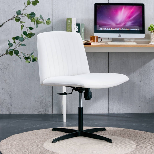360 ¡ãSwivel Desk Chair No Wheels,Height Adjustable Office Chair,Armless Accent Chair Vanity Chair,Computer Task Chair with Black Metal Legs, for Home Office Vanity,White PU