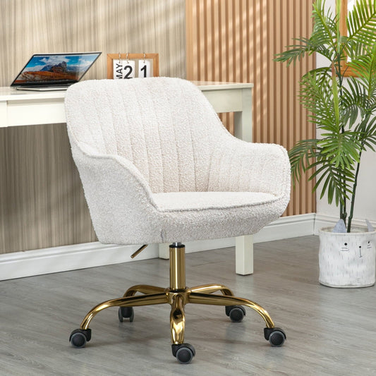 360¡ã Swivel Desk Chair,Upholstered Boucle Home Office Task Chair With High Back,Armrest and Golden Base,Height Adjustable Computer Chair Vanity Chair for Living Room,Beige