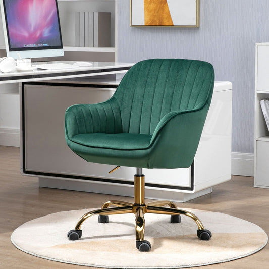 360¡ã Swivel Desk Chair,Upholstered Boucle Home Office Task Chair With High Back,Armrest and Golden Base,Height Adjustable Computer Chair Vanity Chair for Living Room,Green