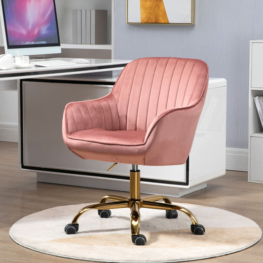 360¡ã Swivel Desk Chair,Upholstered Boucle Home Office Task Chair With High Back,Armrest and Golden Base,Height Adjustable Computer Chair Vanity Chair for Living Room,Pink