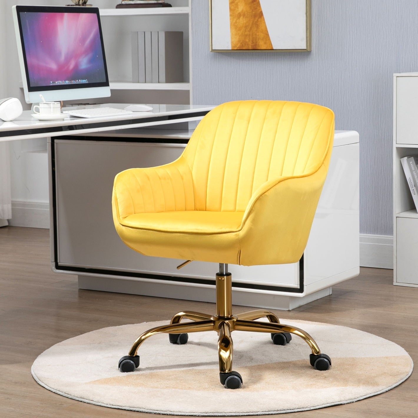 360¡ã Swivel Desk Chair,Upholstered Boucle Home Office Task Chair With High Back,Armrest and Golden Base,Height Adjustable Computer Chair Vanity Chair for Living Room,Yellow