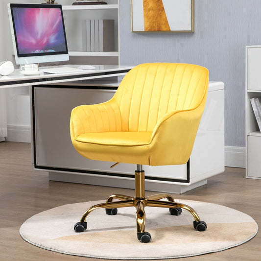 360¡ã Swivel Desk Chair,Upholstered Boucle Home Office Task Chair With High Back,Armrest and Golden Base,Height Adjustable Computer Chair Vanity Chair for Living Room,Yellow