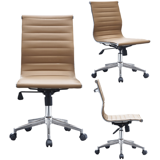 2Xhome Tan Modern Mid Back Office Chair Armless Ribbed PU Leather Swivel Tilt Adjustable Chair Designer Boss Executive Manager Office Conference Room Work Task Ergonomic No Arms without Arm Rests Furniture > Office Furniture > Office Chairs 2Xhome Tan