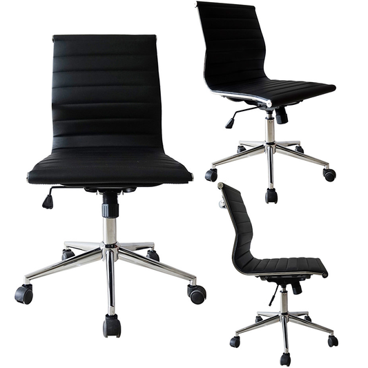 2Xhome Black Contemporary Modern Ergonomic Executive Mid Back PU Leather No Arms Rest Tilt Adjustable Height with Wheels Lumbar Support Swivel Office Chair Conference Room Home Task Desk Armless Furniture > Office Furniture > Office Chairs 2Xhome Black