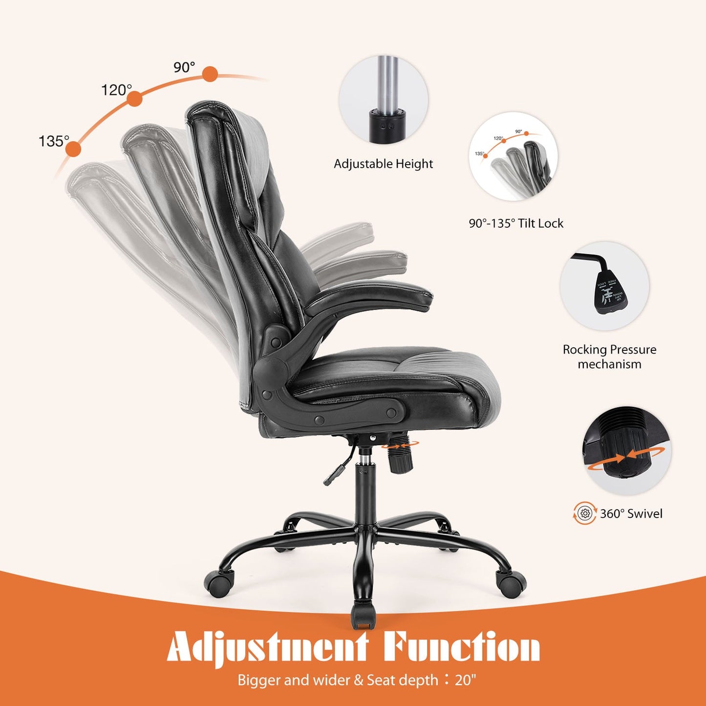 Yoyomax Office Chair, Ergonomic Executive Computer Desk Chairs with Adjustable Flip-up Armrest, Swivel Task Chair with Lumbar Support, Strong Metal Base, PU Leather