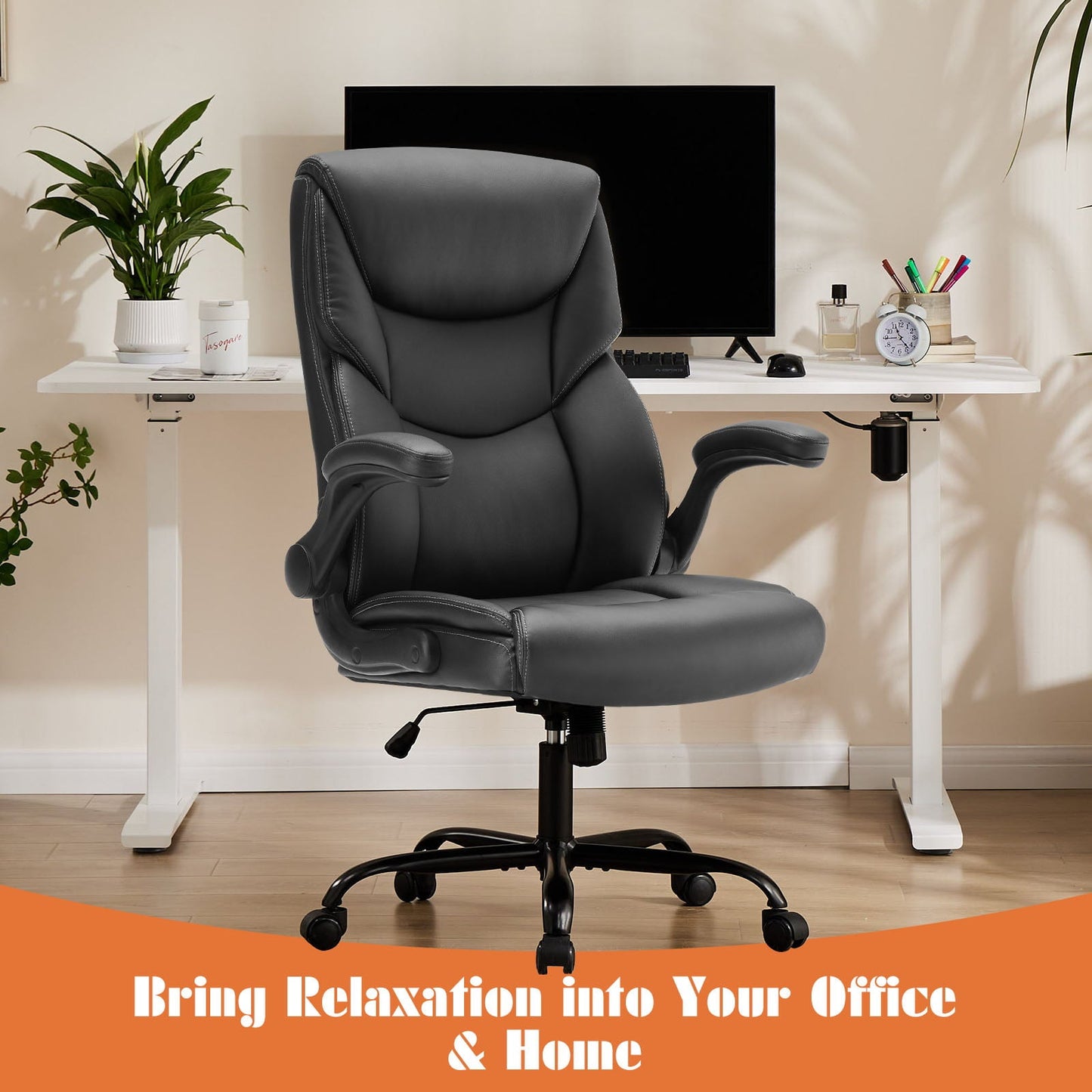 Yoyomax Office Chair, Ergonomic Executive Computer Desk Chairs with Adjustable Flip-up Armrest, Swivel Task Chair with Lumbar Support, Strong Metal Base, PU Leather