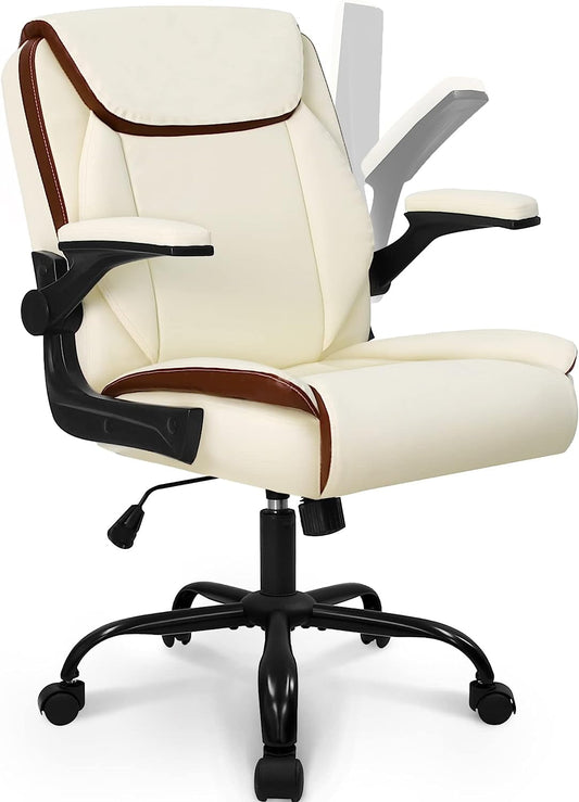 Adjustable Desk Chair, Office Chair, Mid Back Executive, Ergonomic Gaming Back Support Home Computer, Comfortable PU Leather, with Flip-up Armrest Swivel Wheels (Ivory)