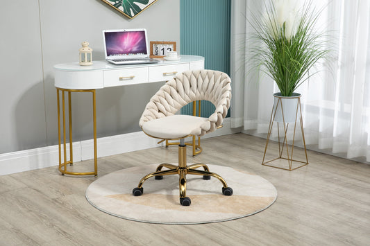 Adjustable Height Office Swivel Chair, Modern Computer Leisure Chair with Fabric Seat and 360 Degree Swivel Casters, for Home, Study, Ivory