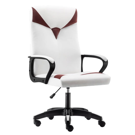 Adjustable High Back Office Chair Solid Back Desk Chair Leather Swivel Chair with Arm, White and Brown