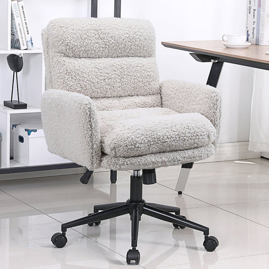 Adjustable Home Office Chair(300lbs), Modern Mid Back Computer Desk Chair with Wheels, Ergonomic Upholstered Swivel Chair,Cream