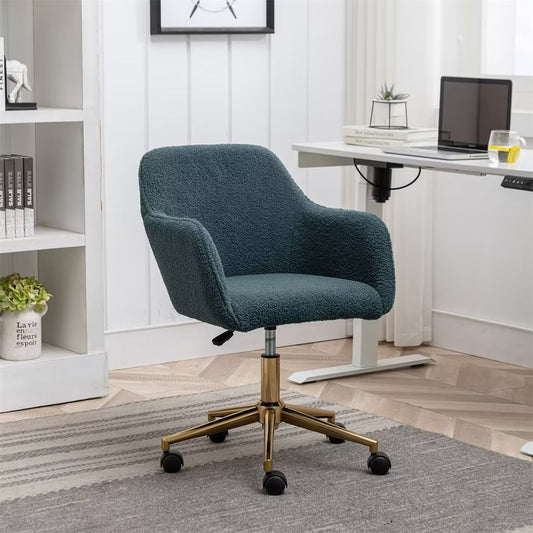 Adjustable Swivel Home Office Chair, Teddy Fabric Task Chair, Comfy Upholstered Armchair for Living Room Study Vanity, Green