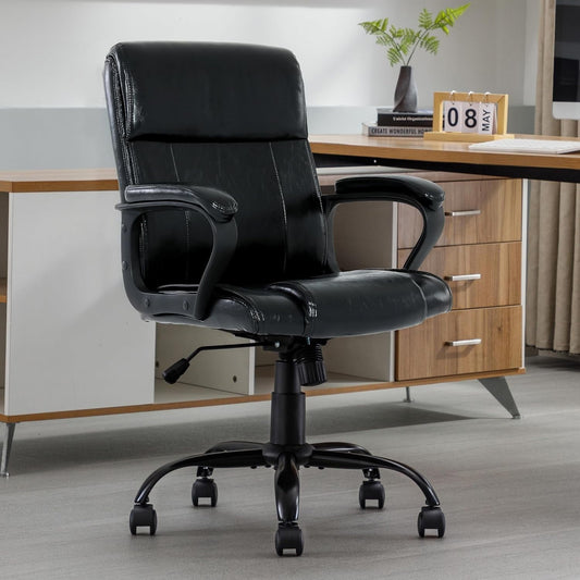 XINMICS PU Leather Office Chair Mid-Back Computer Desk Chair with Armrest, Black