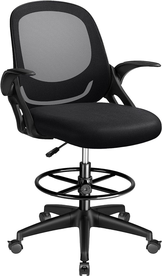 YiSHOP Drafting Chair Tall Office Chair with Flip-up Armrests Executive Computer Standing Desk Chair with Lockable Wheels and Adjustable Footrest Ring (Black)