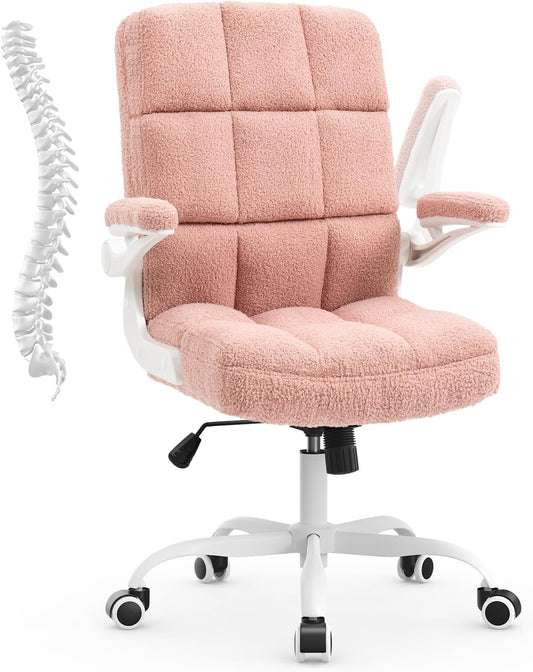 YiSHOP Home Office Chair Ergonomic Executive Desk Chair Comfortable Computer Chair with Flip-up Arms,Faux Fur Chair with Lumbar Support,Pink