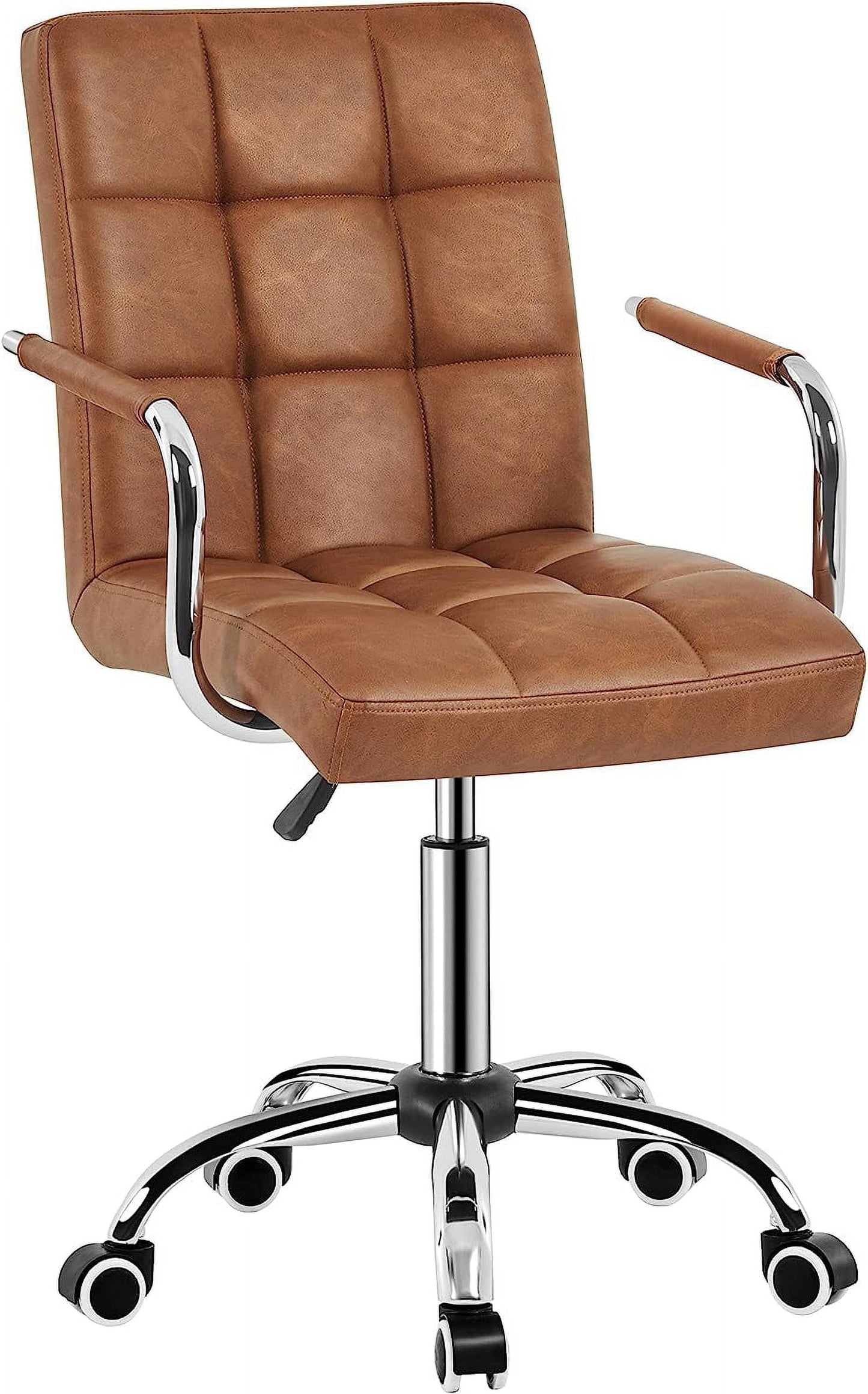 YiSHOP PU Leather Office Desk Chair Mid Back Height Adjustable Chair Comfortable Computer Swivel Chair w/Armrests, Retro Brown