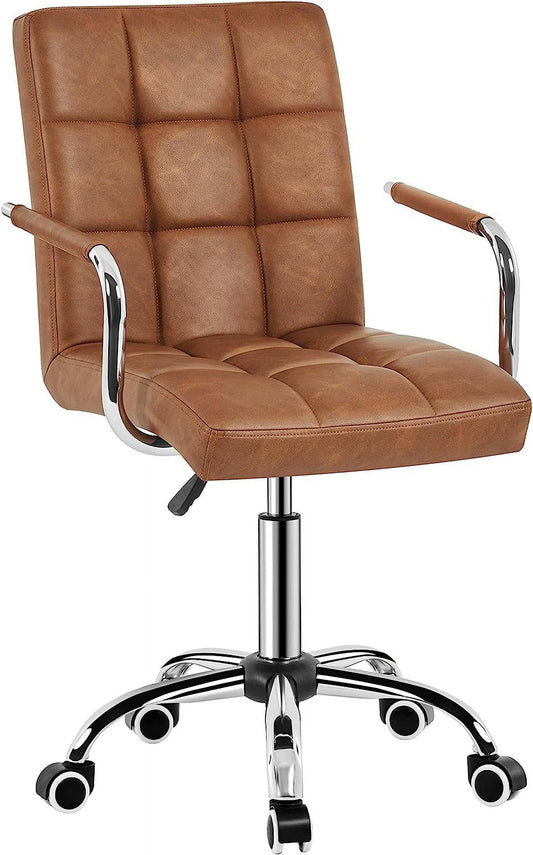 YiSHOP PU Leather Office Desk Chair Mid Back Height Adjustable Chair Comfortable Computer Swivel Chair w/Armrests, Retro Brown
