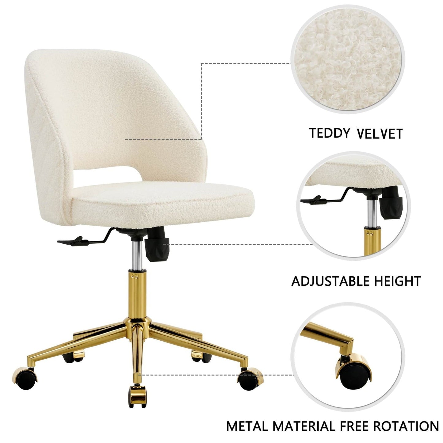 360-Degree Swivel Office Chair with Adjustable Height, Armless Computer Chair with 5 Wheels, Executive Task Chair with Wrap-Around Backrest for Living Room, Bedroom, Weight Capacity 250 LBS