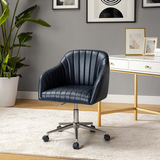 14 Karat Home Modern Leather Home Office Task Chair Adjustable Height Metal Legs 5 Wheels Adult Navy